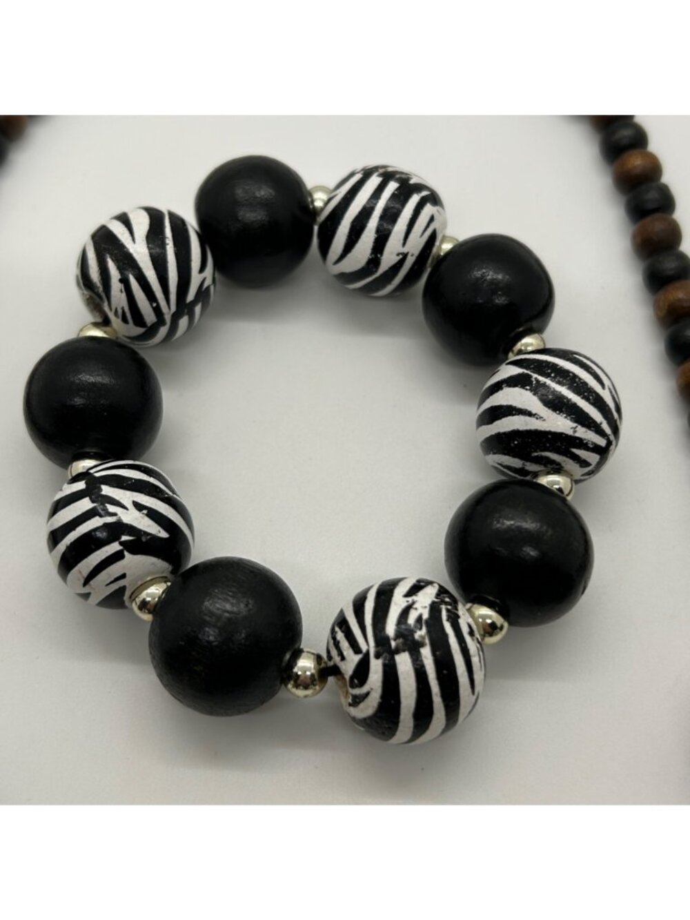 Chunky Black White Zebra Print Wood Beads Stretch Necklace Bracelet Jewelry Set - Picture 6 of 11